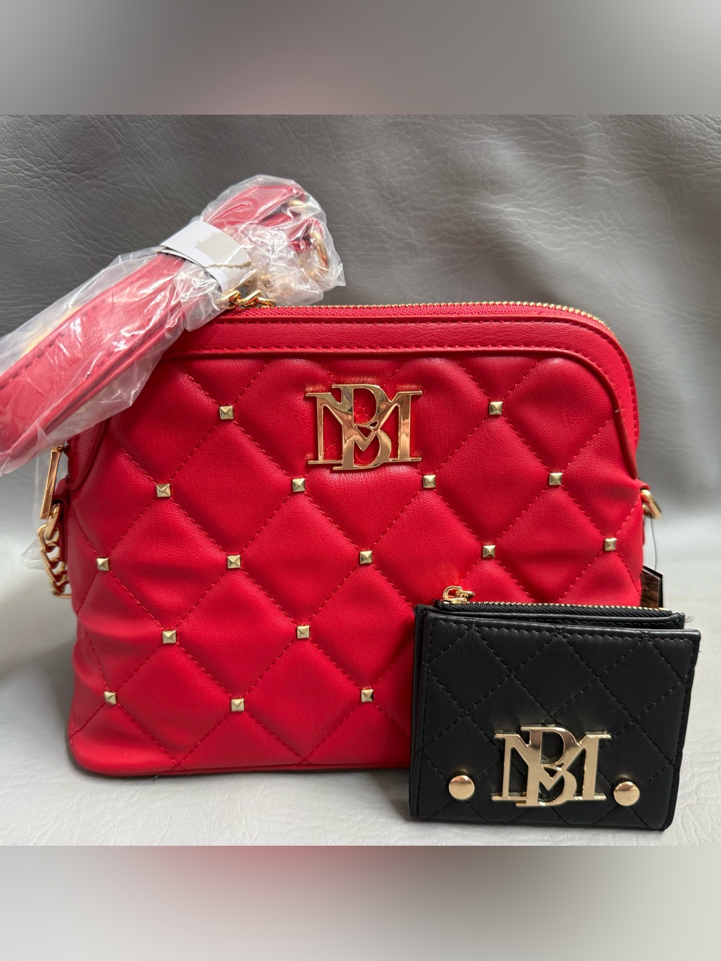 Badgley Mischka Red Quilted Crossbody With Black Quilted Wallet